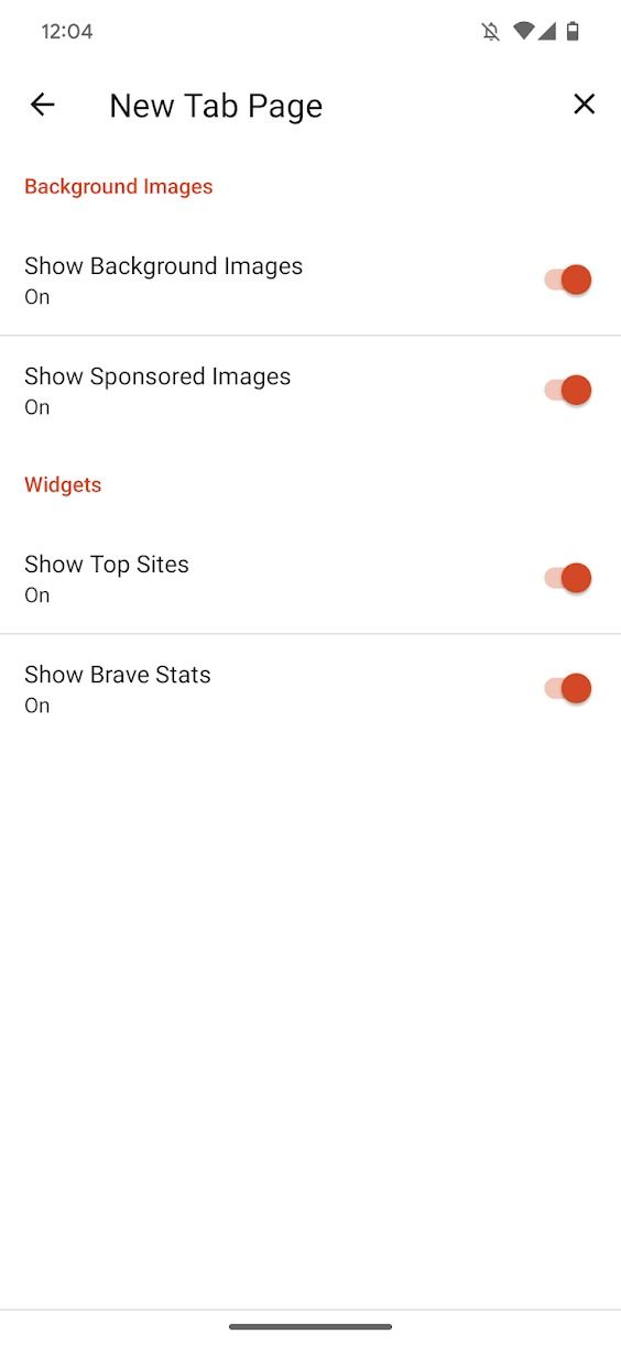 captura de tela do aplicativo Brave mostrando as configurações para novas guias