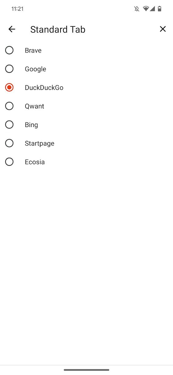 captura de tela do aplicativo Brave mostrando diferentes mecanismos de pesquisa