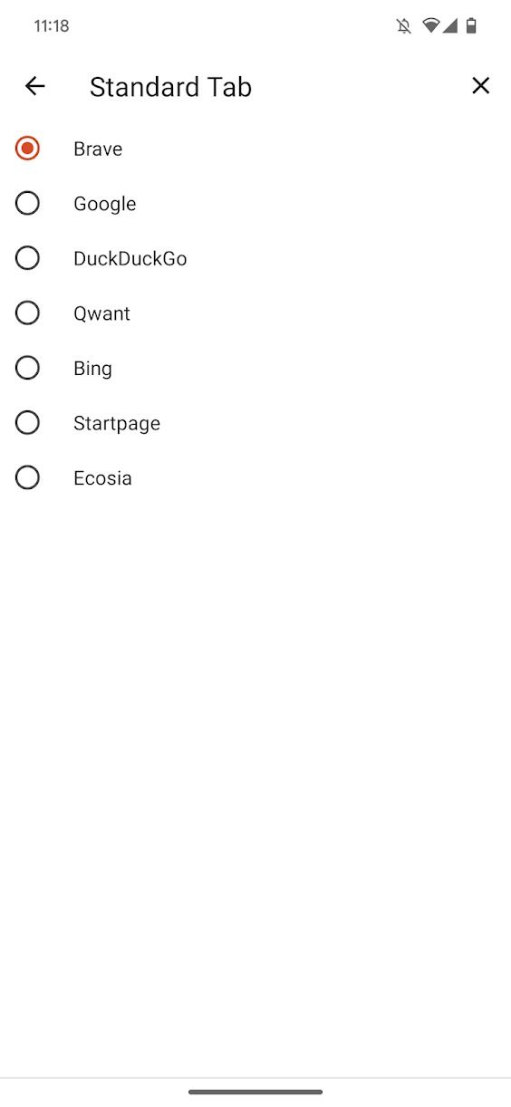 captura de tela do aplicativo Brave mostrando diferentes opções para um mecanismo de pesquisa padrão