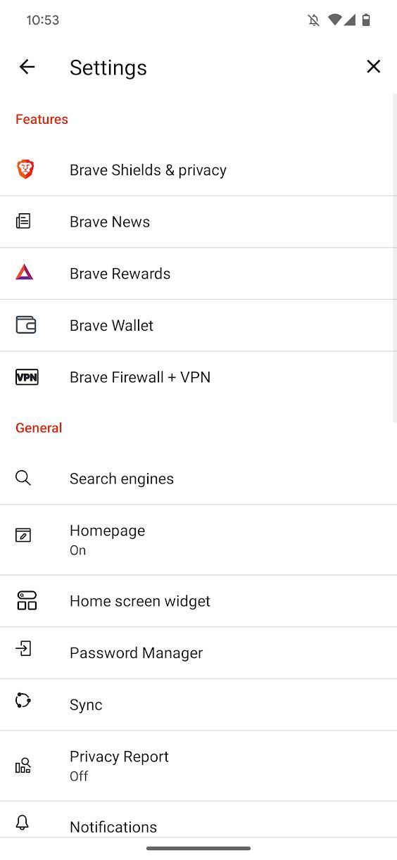 captura de tela do aplicativo do navegador Brave mostrando o menu de configurações