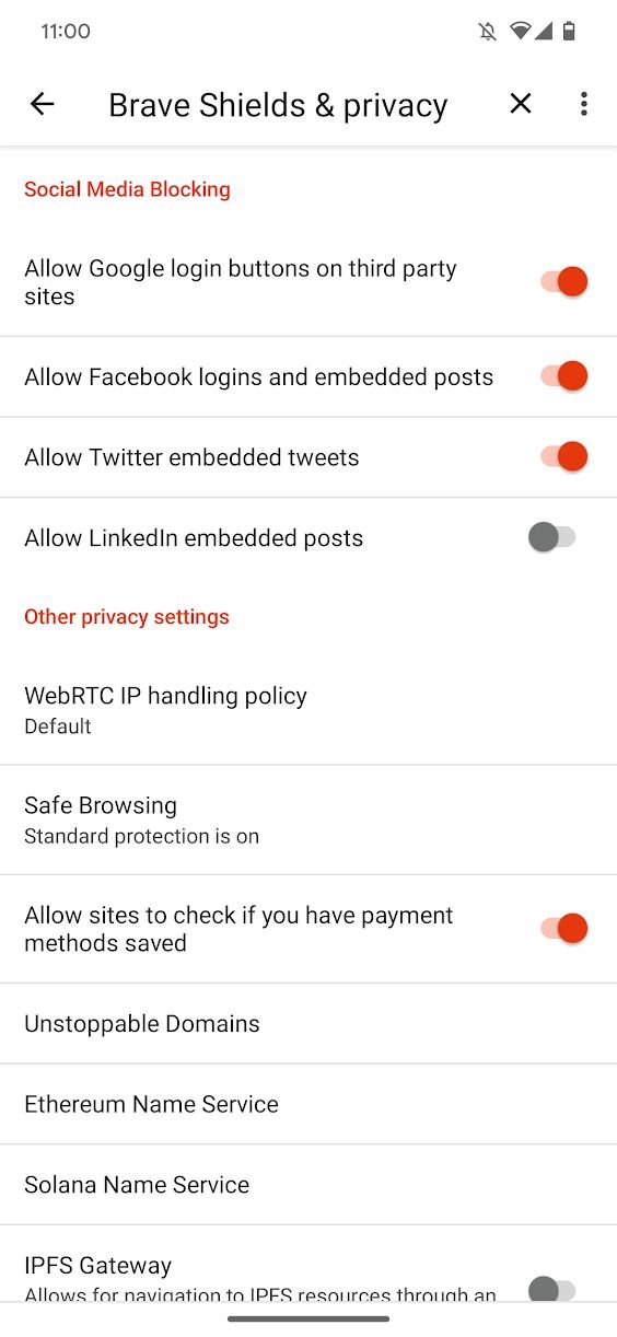 captura de tela do aplicativo Brave mostrando opções para bloquear incorporações de mídia social