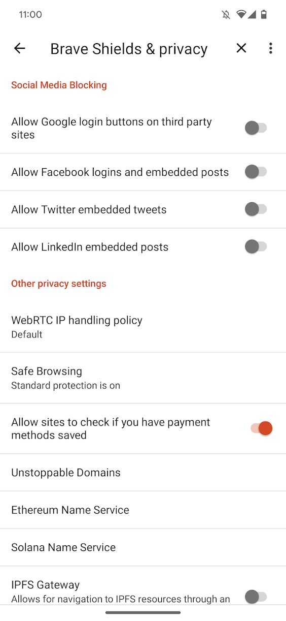 captura de tela do aplicativo Brave mostrando opções para bloquear incorporações de mídia social