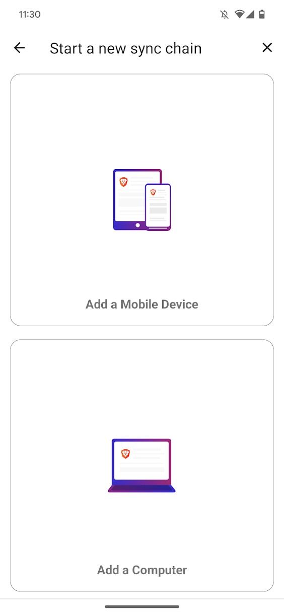 captura de tela do aplicativo Brave mostrando opções para adicionar um dispositivo móvel ou computador