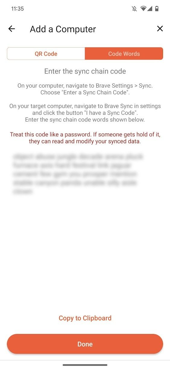 captura de tela do aplicativo Brave mostrando instruções de sincronização para um computador