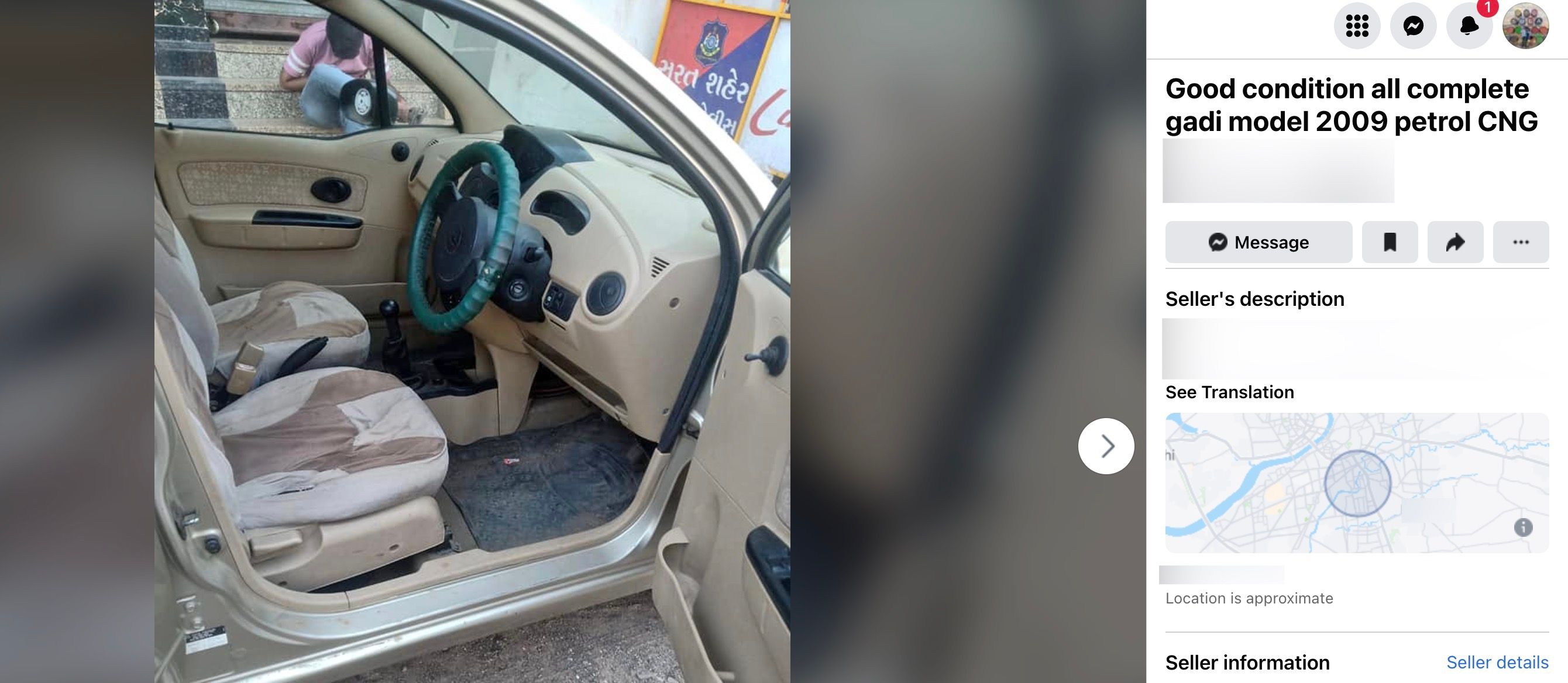 car sold on Facebook Marketplace showing title, seller's descriptions, see translation and seller information