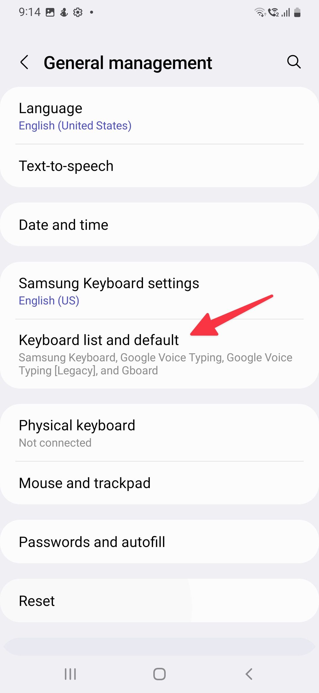 select keyboard list and default