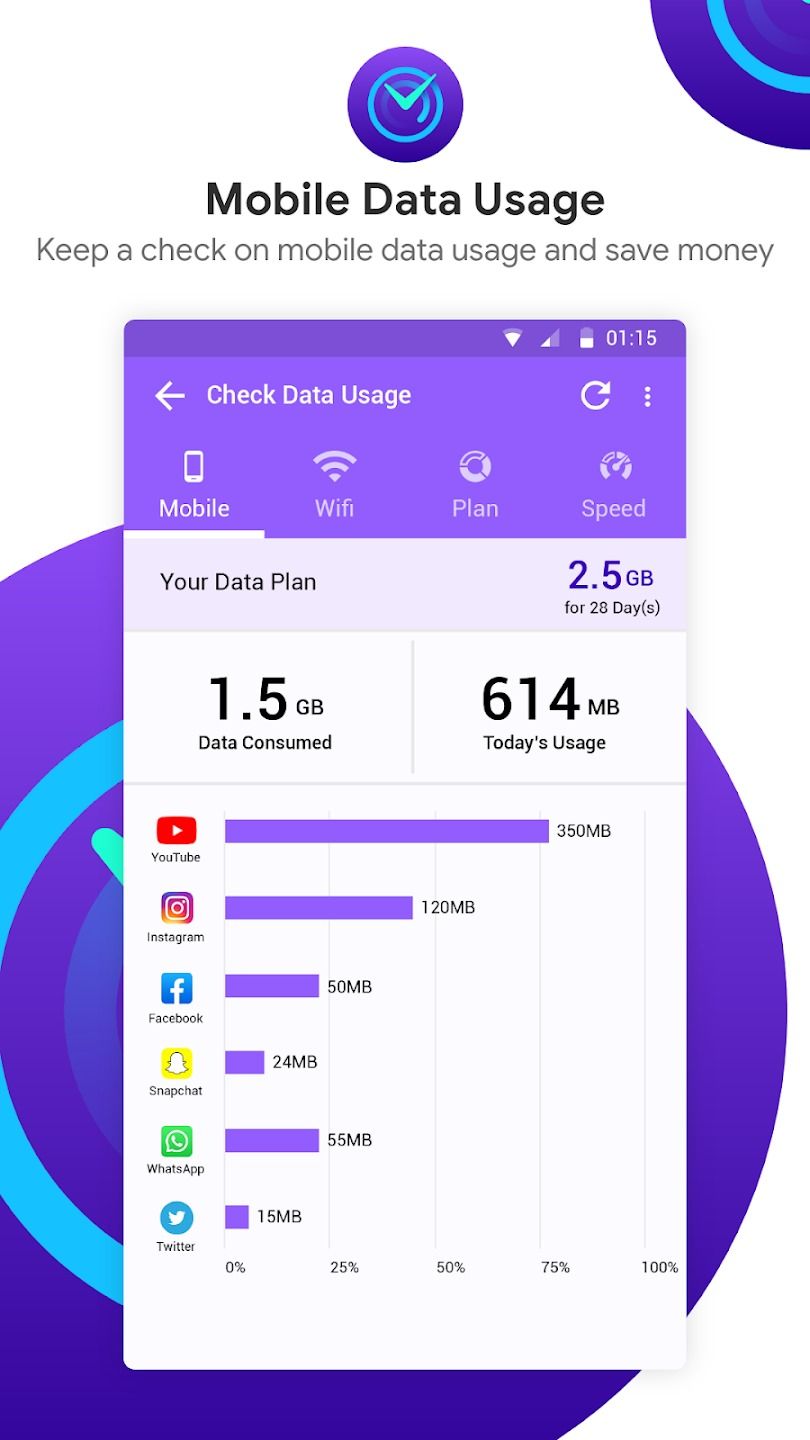 screenshot from the check internet data usage app superimposed on white background with purple circles