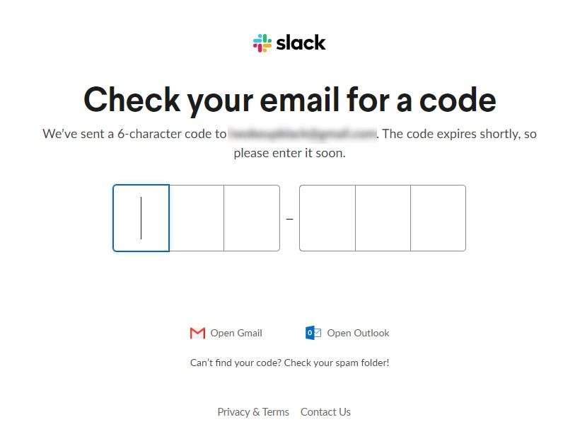 Check your email for a code webpage on the Slack website