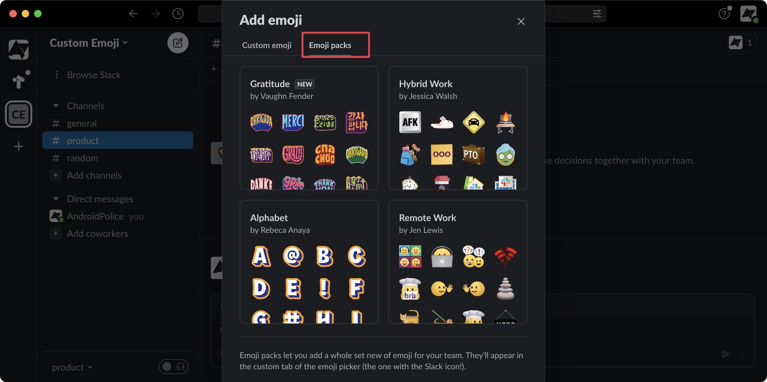A screenshot of Slack's 'Add Emoji' window, with the emoji pack tab highlighted in red to emphasize its importance or selection.