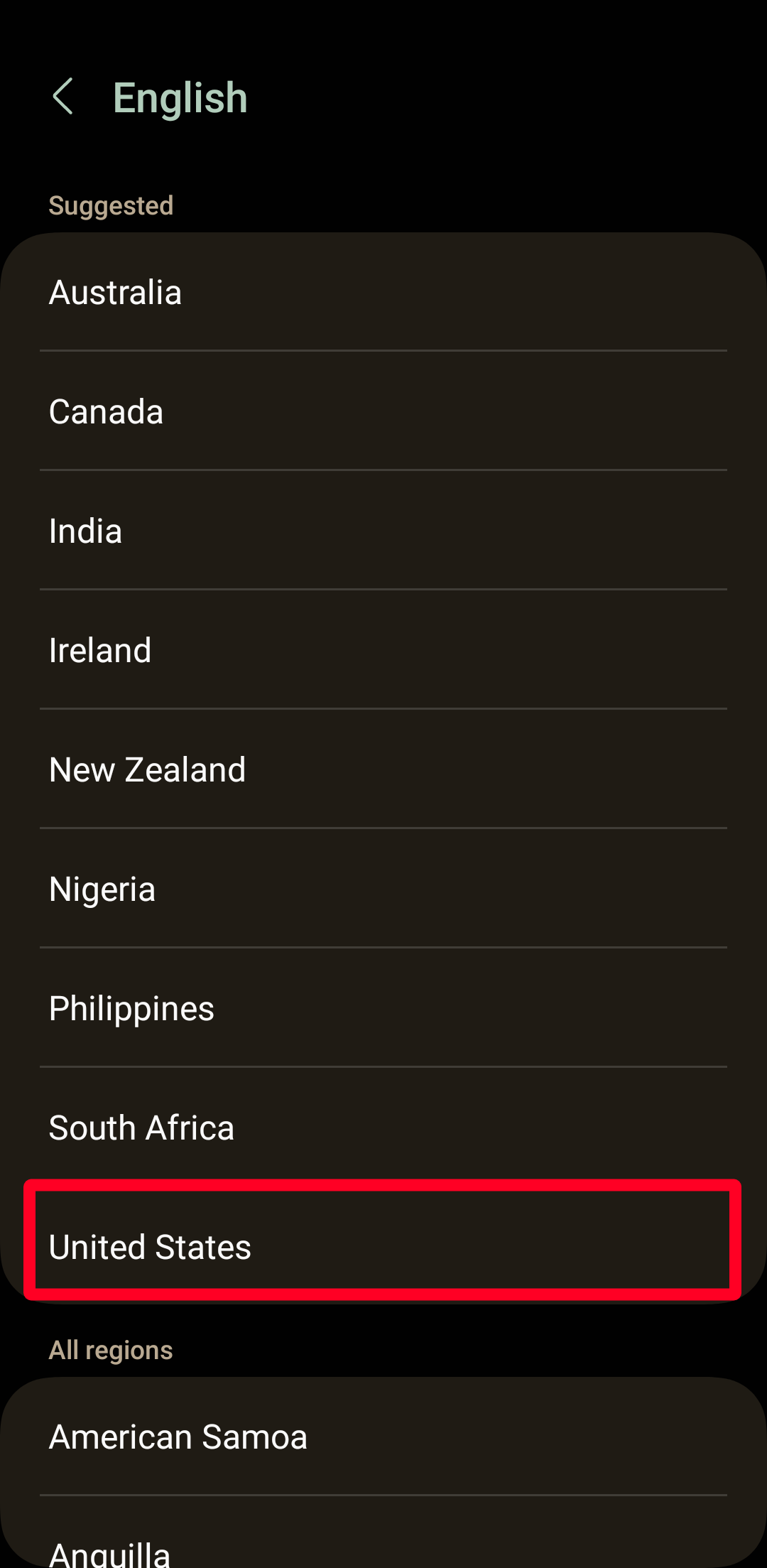 Choosing English United States as Android OS language