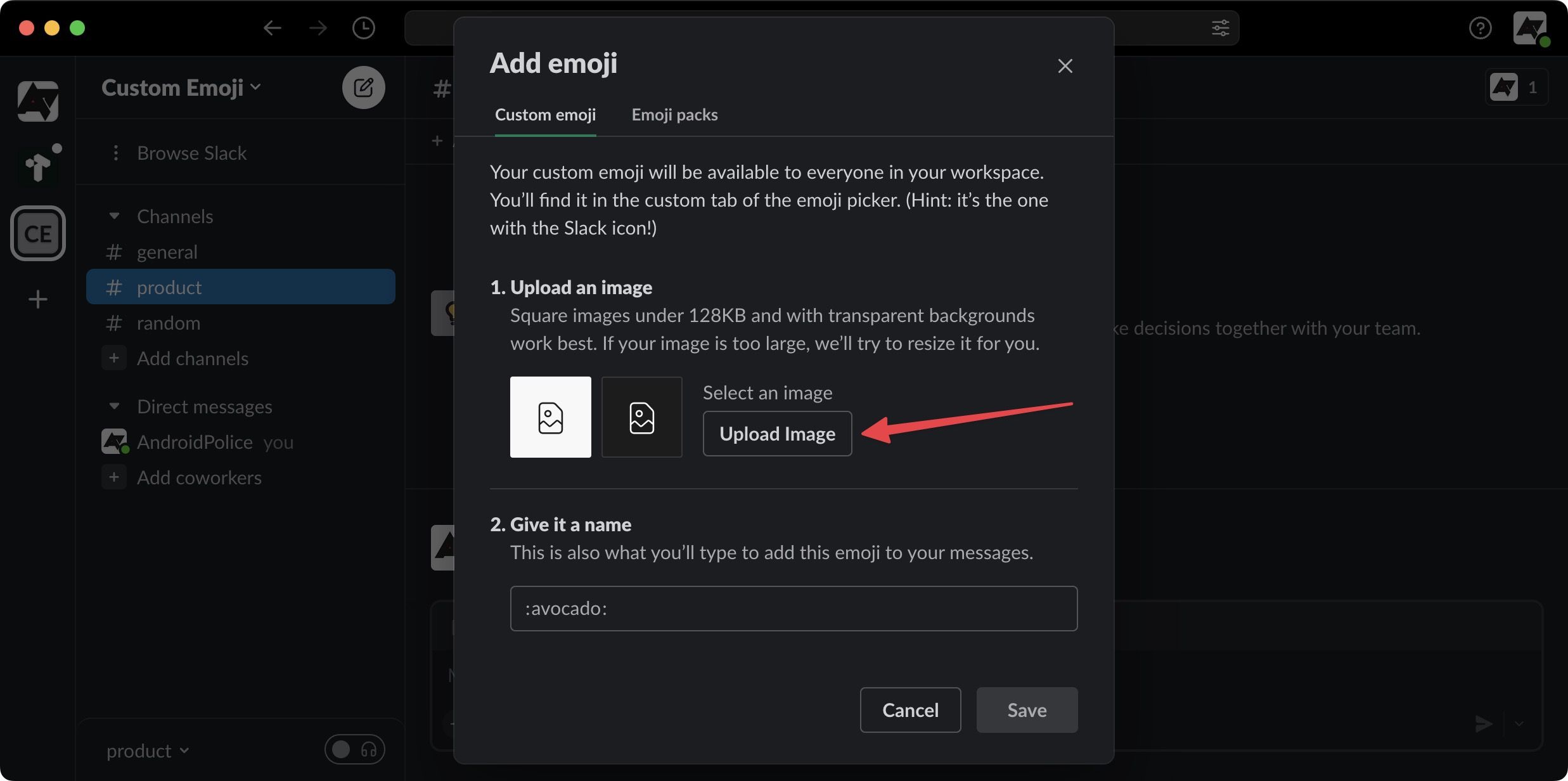 A pop-up window designed for adding an emoji, featuring detailed information on creating custom emojis. Inside the window, there is an arrow pointing towards the 'upload image' button. Below this button, there's a text box provided for naming the new custom emoji.