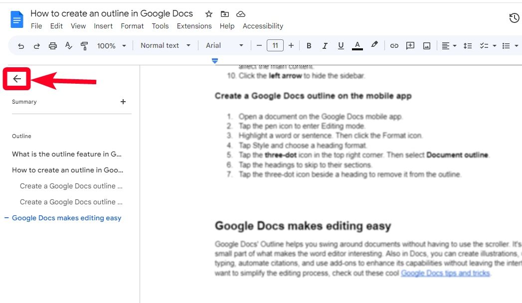 Closing outline sidebar in Google Docs