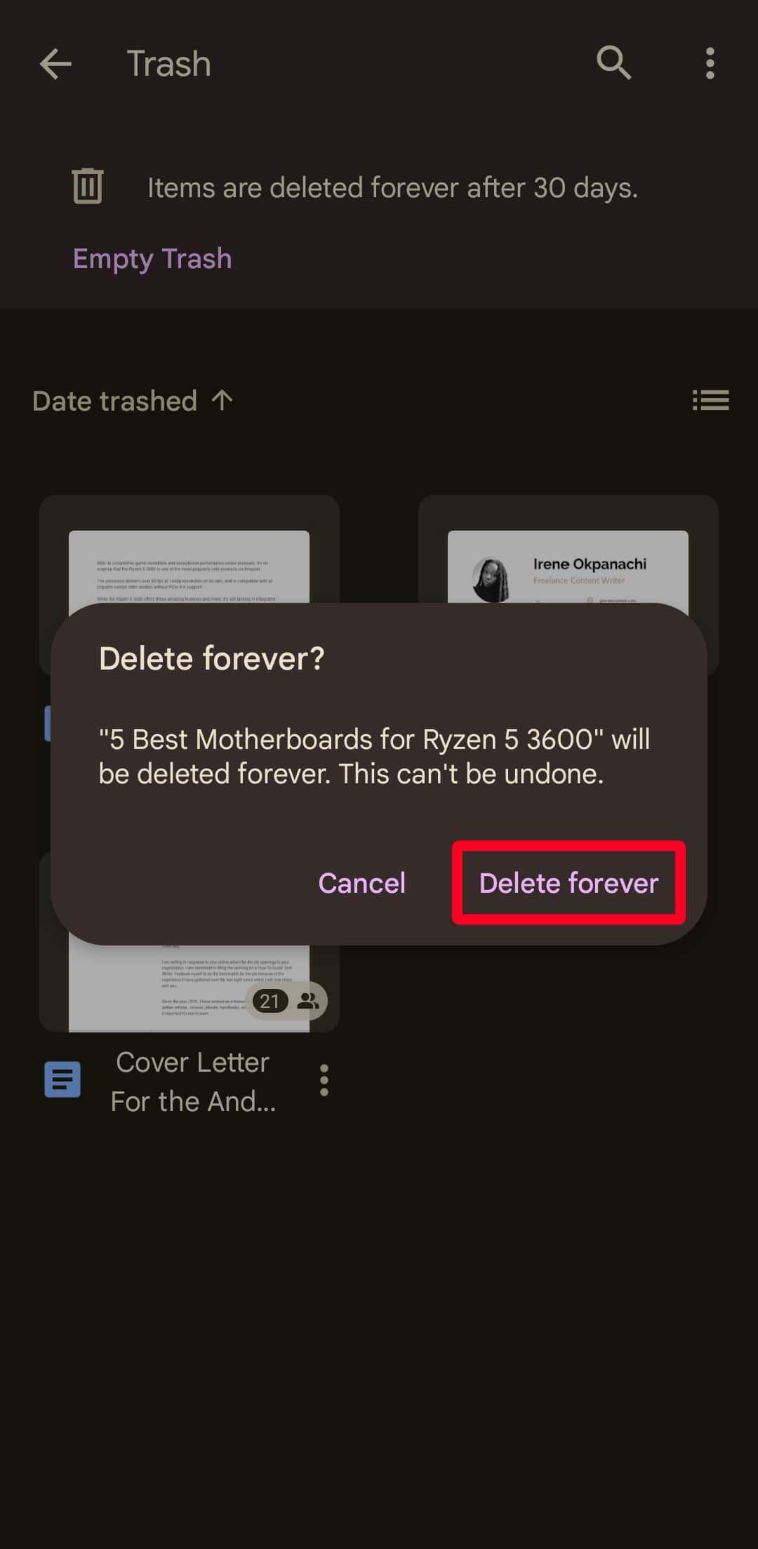 Pop-up de confirmação para excluir arquivos permanentemente no aplicativo móvel do Google Drive