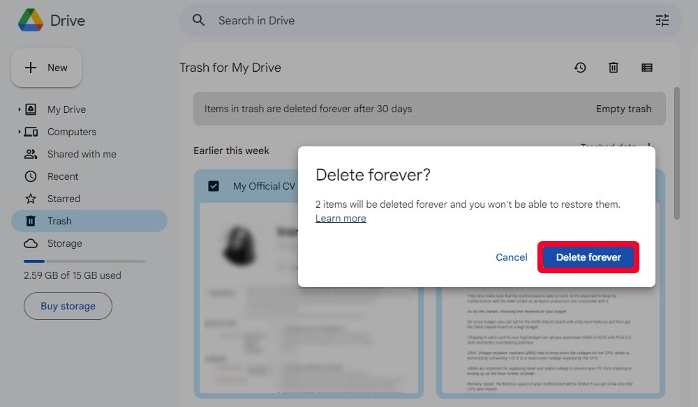 Mensagem pop-up de confirmação para excluir arquivos do Google Drive permanentemente