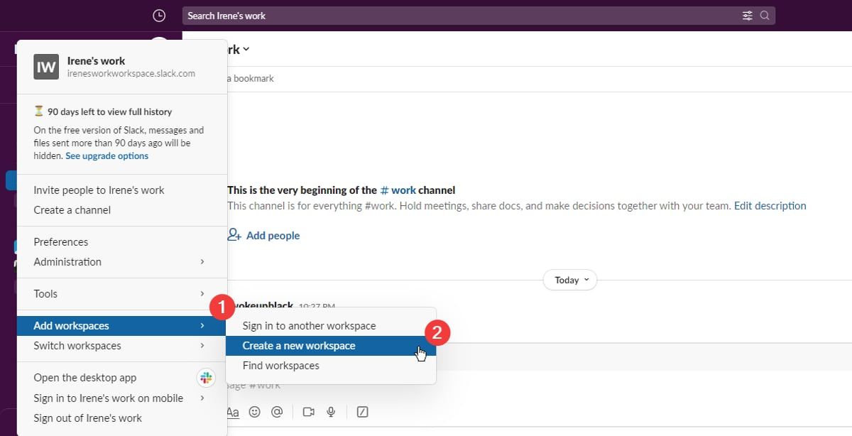 Selecting the Create a new workspace option on Slack web app