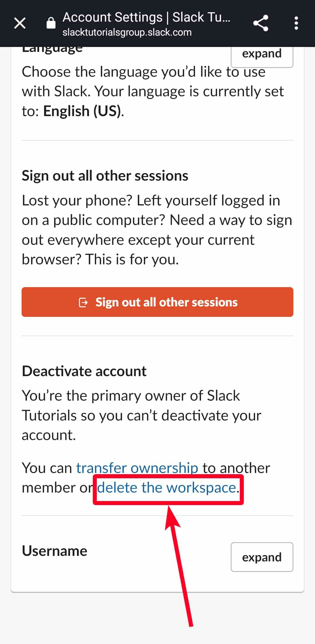 Disable account option on Slack mobile webpage