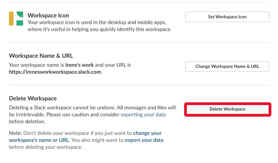 Delete workspace option on Slack account settings webpage