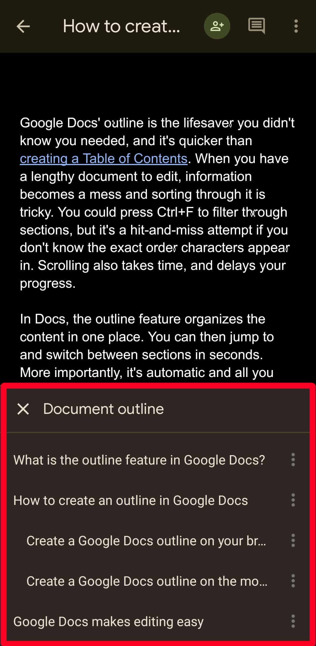 Document outline in the Google Docs mobile app