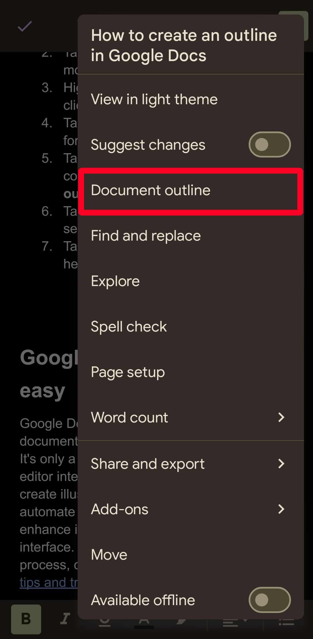 Document outline option in the Google Docs menu on an Android phone