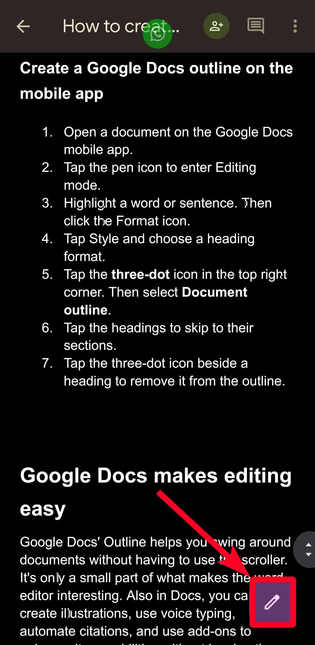 Editing mode in the Google Docs mobile app