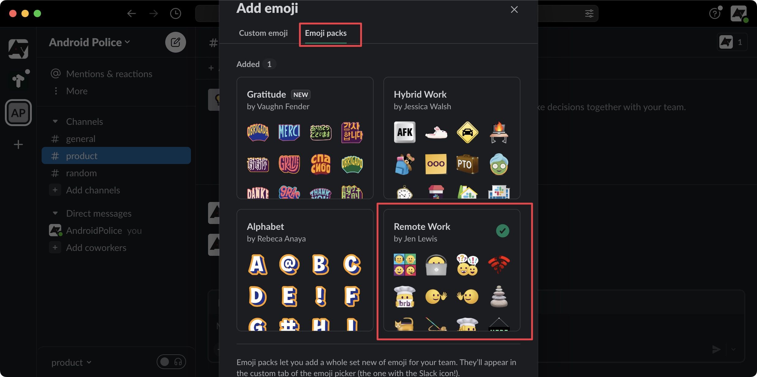 An image showing emoji packs in Slack, with the packs being highlighted in red for emphasis or selection.