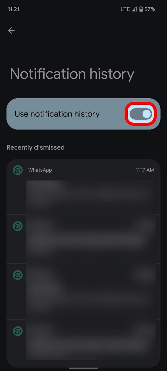 Android Notification history menu highlighting the toggle to allow use of notification history