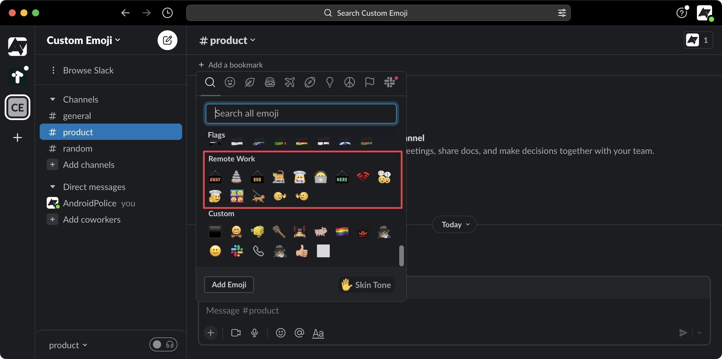 An emoji selection box featuring various emoji packs, with the 'Remote Work' emoji pack distinctly highlighted in red.