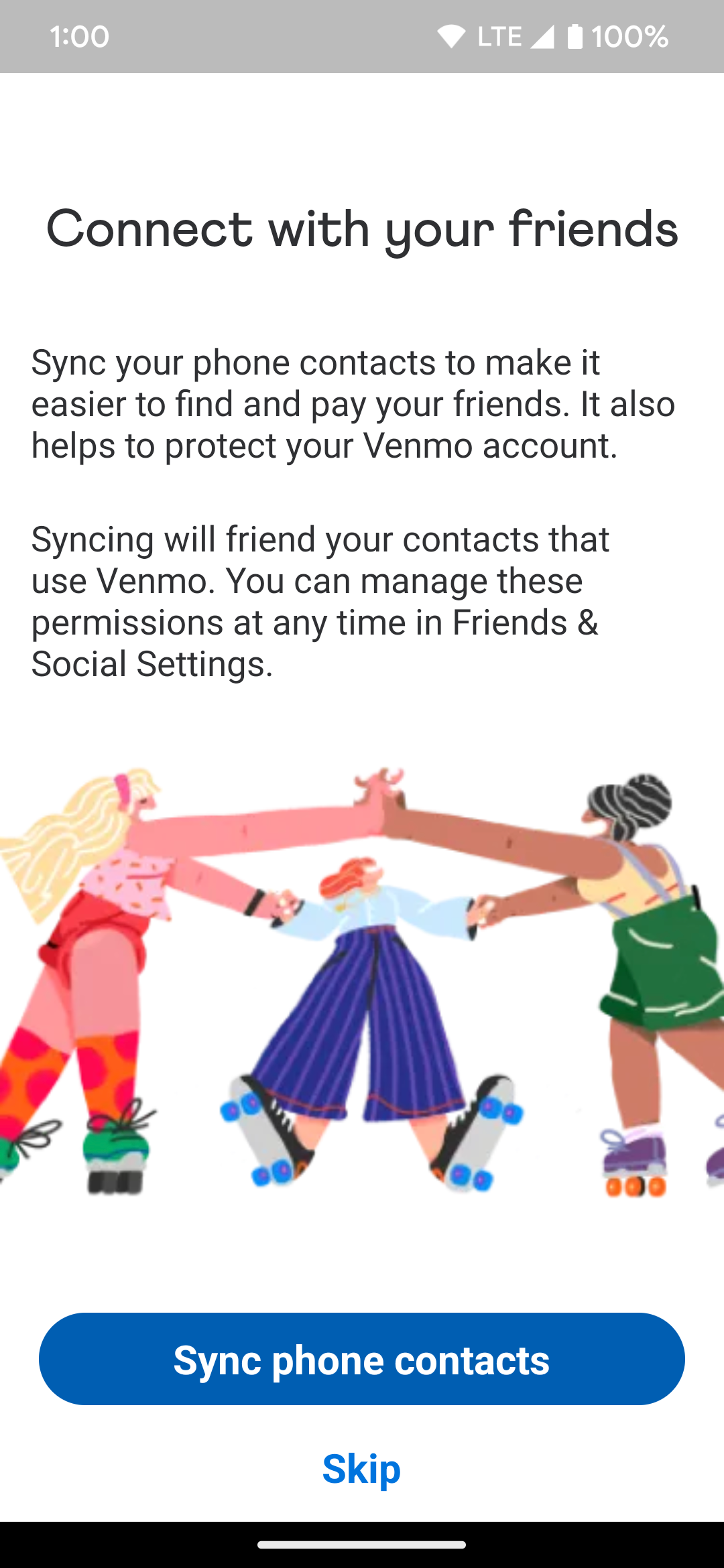 A página que pede para sincronizar contatos pessoais com a nova conta Venmo