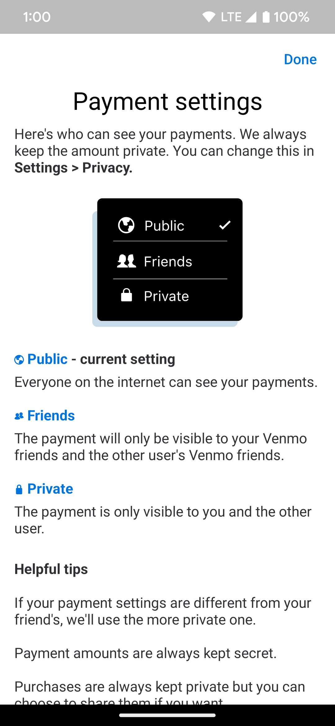 Uma página de visão geral no aplicativo Venmo mostrando quem pode visualizar um perfil