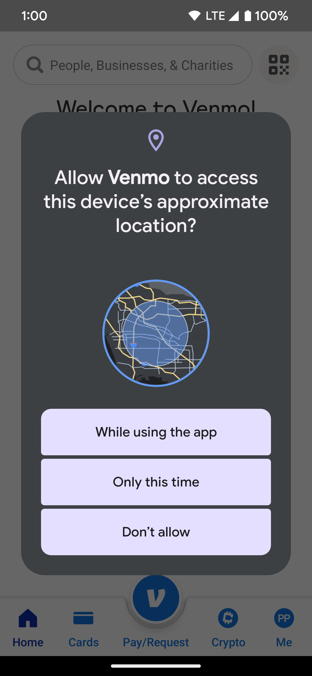 Ative as configurações de localização no aplicativo Venmo conforme necessário