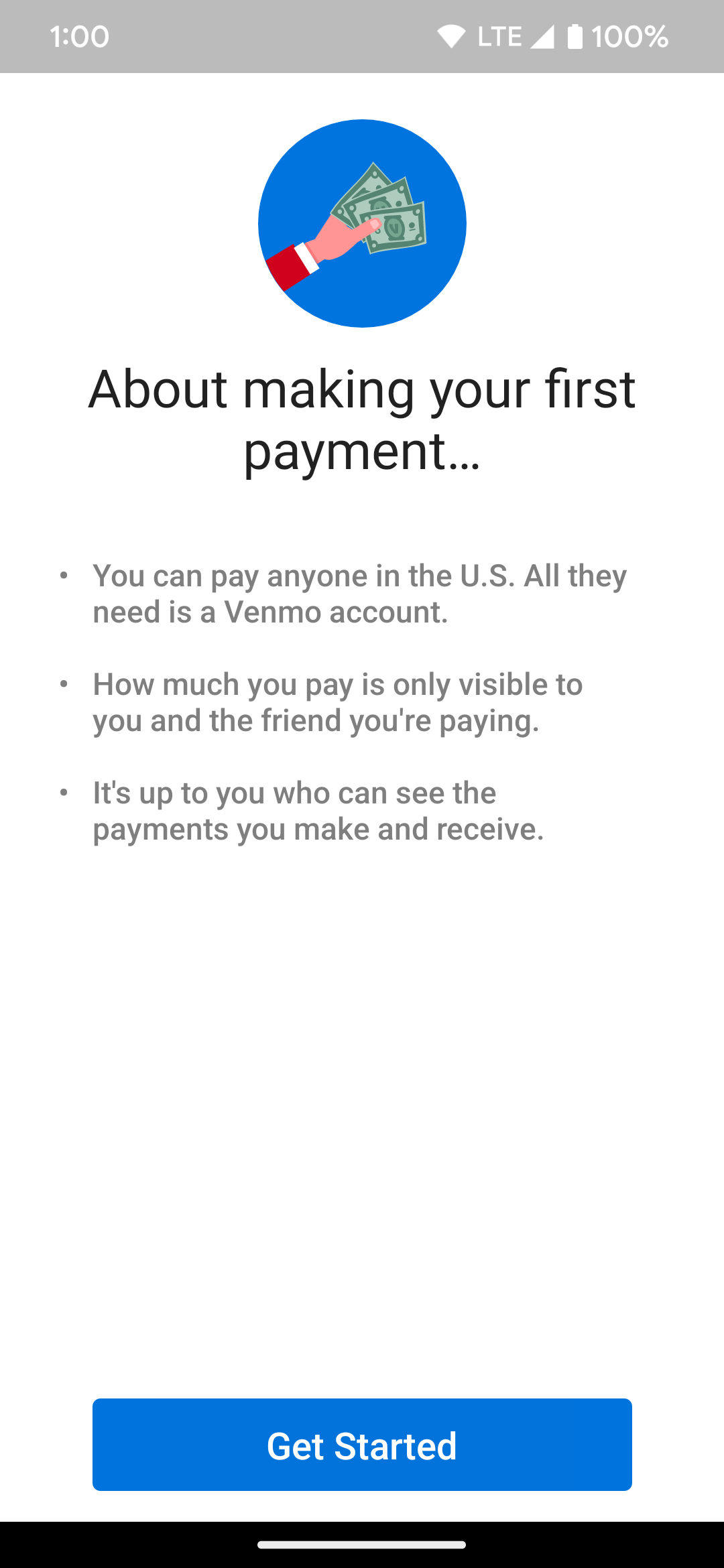 A página que aparece ao tentar fazer o primeiro pagamento Venmo
