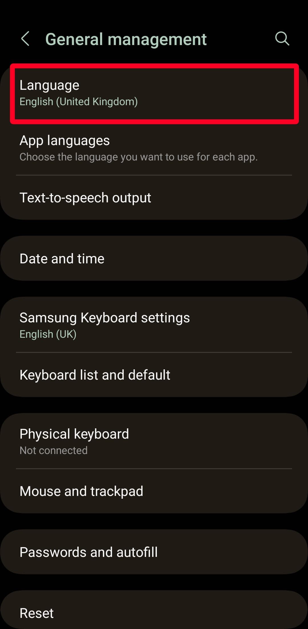 General Management menu on Android