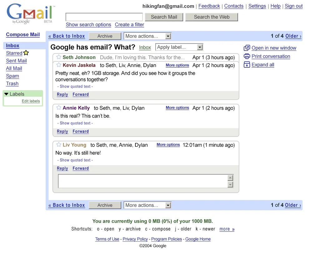 A screenshot of the conventional Gmail beta inbox in 2004