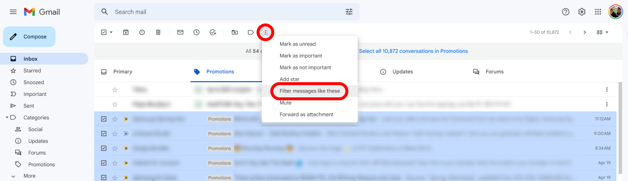 emails chosen in Gmail with an alternatives menu