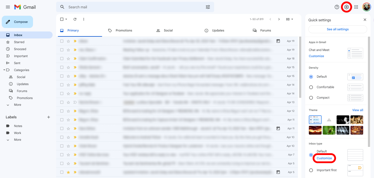 the Gmail inbox with an inbox settings pane launch