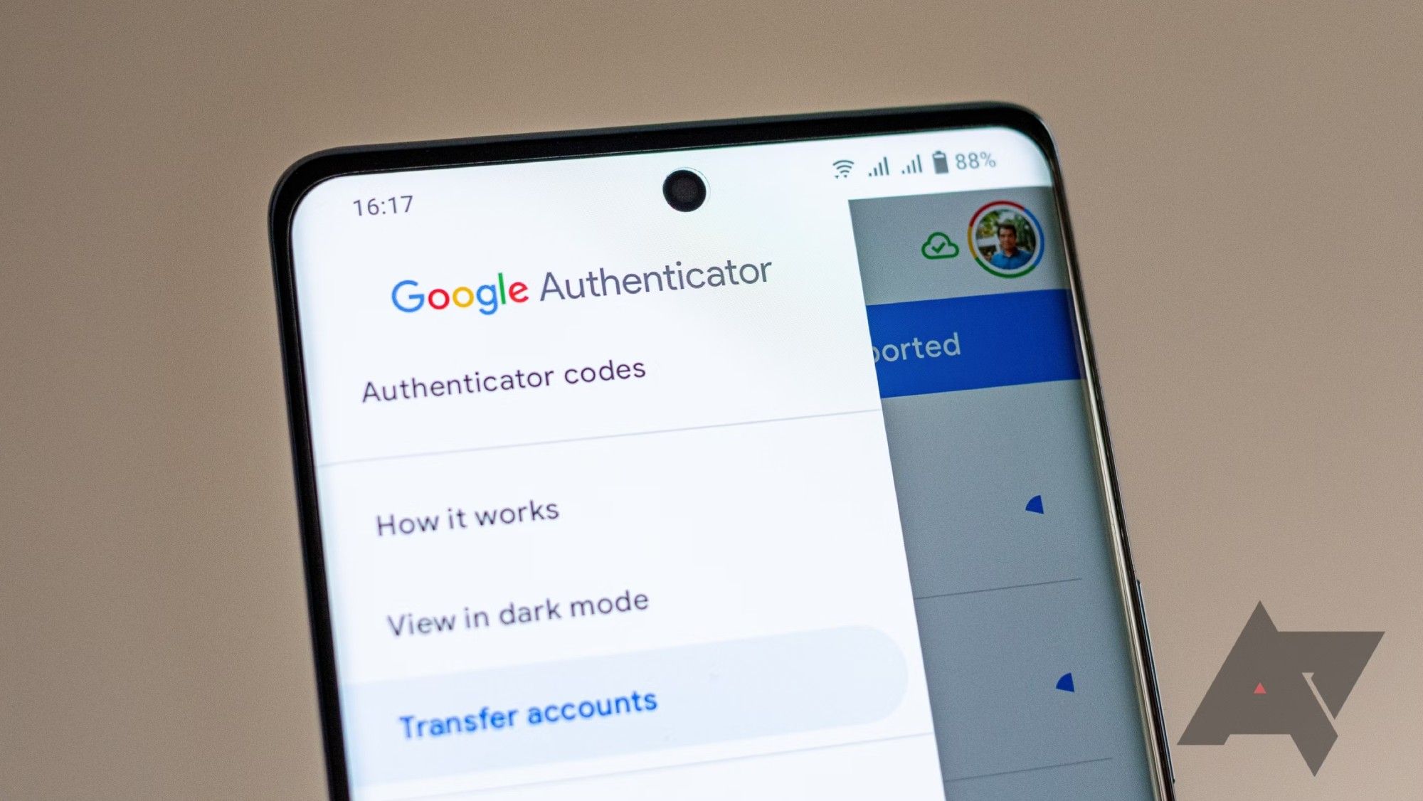A smartphone showing the main menu on Google Authenticator