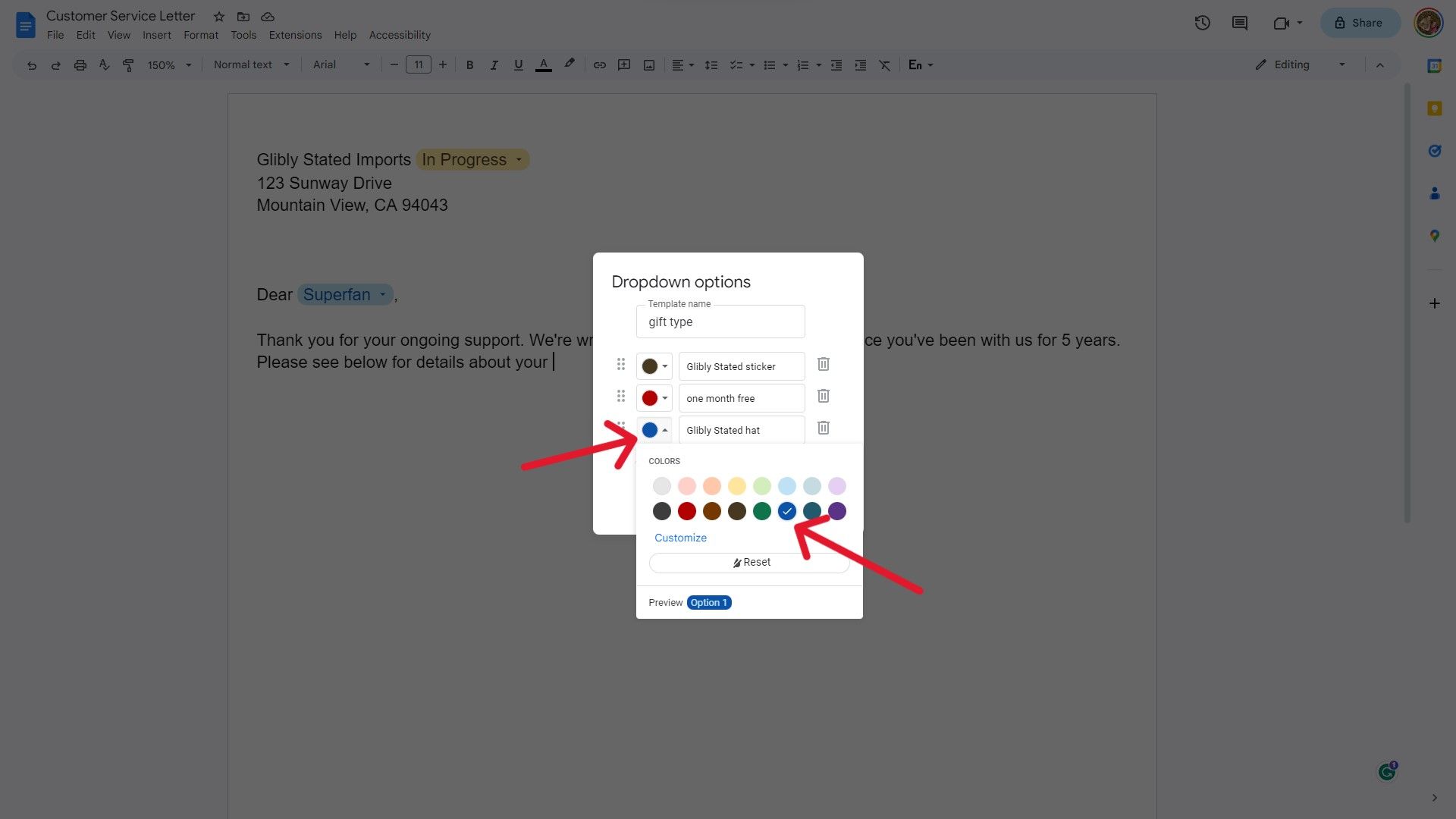 Uma captura de tela de um documento do Google Docs mostrando as cores dos menus suspensos.