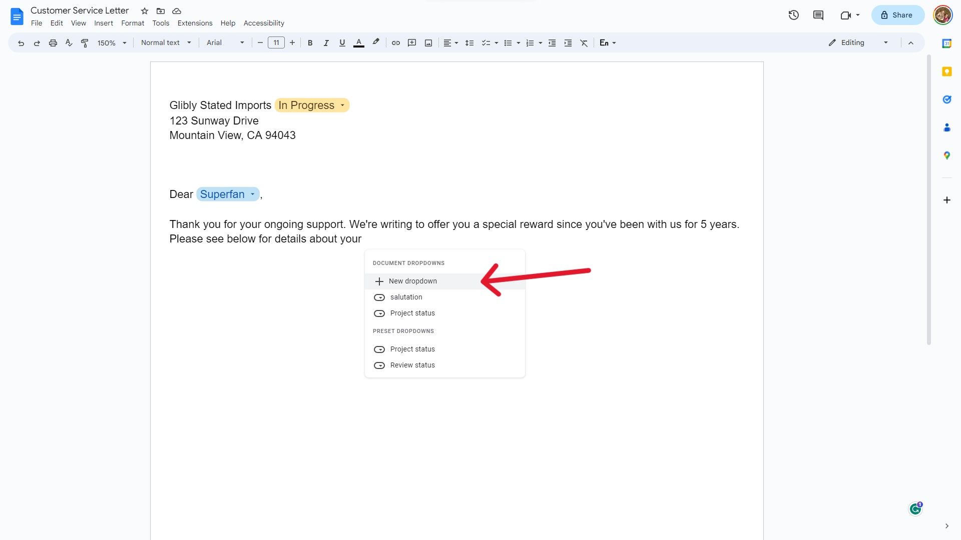 A screenshot of a Google Docs document showing how to create a new dropdown.