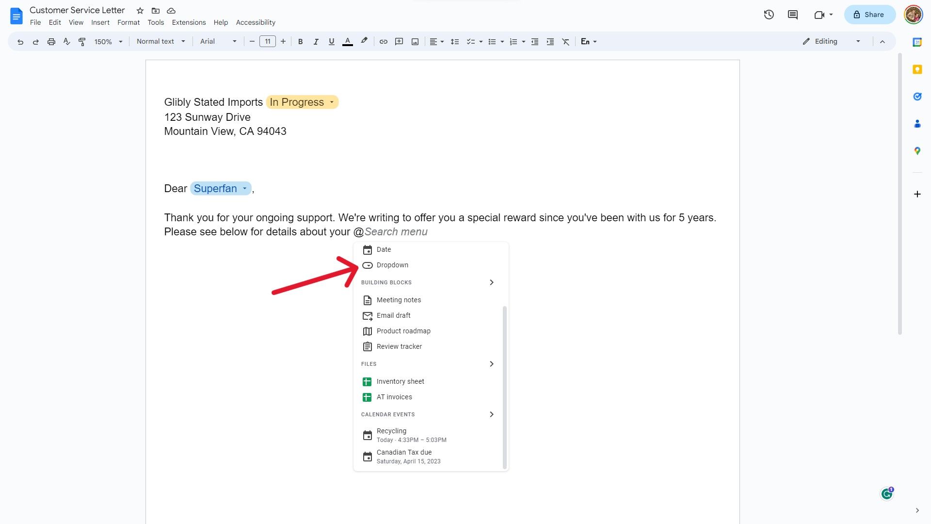 A screenshot of a Google Docs document showing dropdowns after typing the at-symbol.