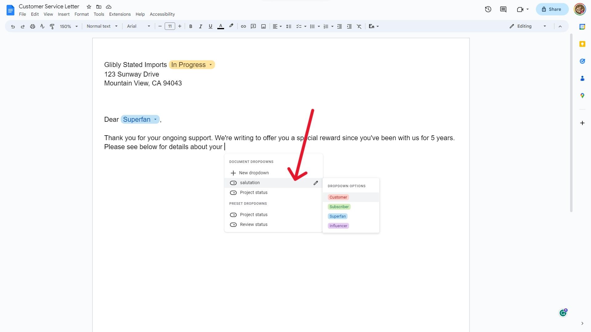 A screenshot of a Google Docs document showing dropdowns and hovering to see options.