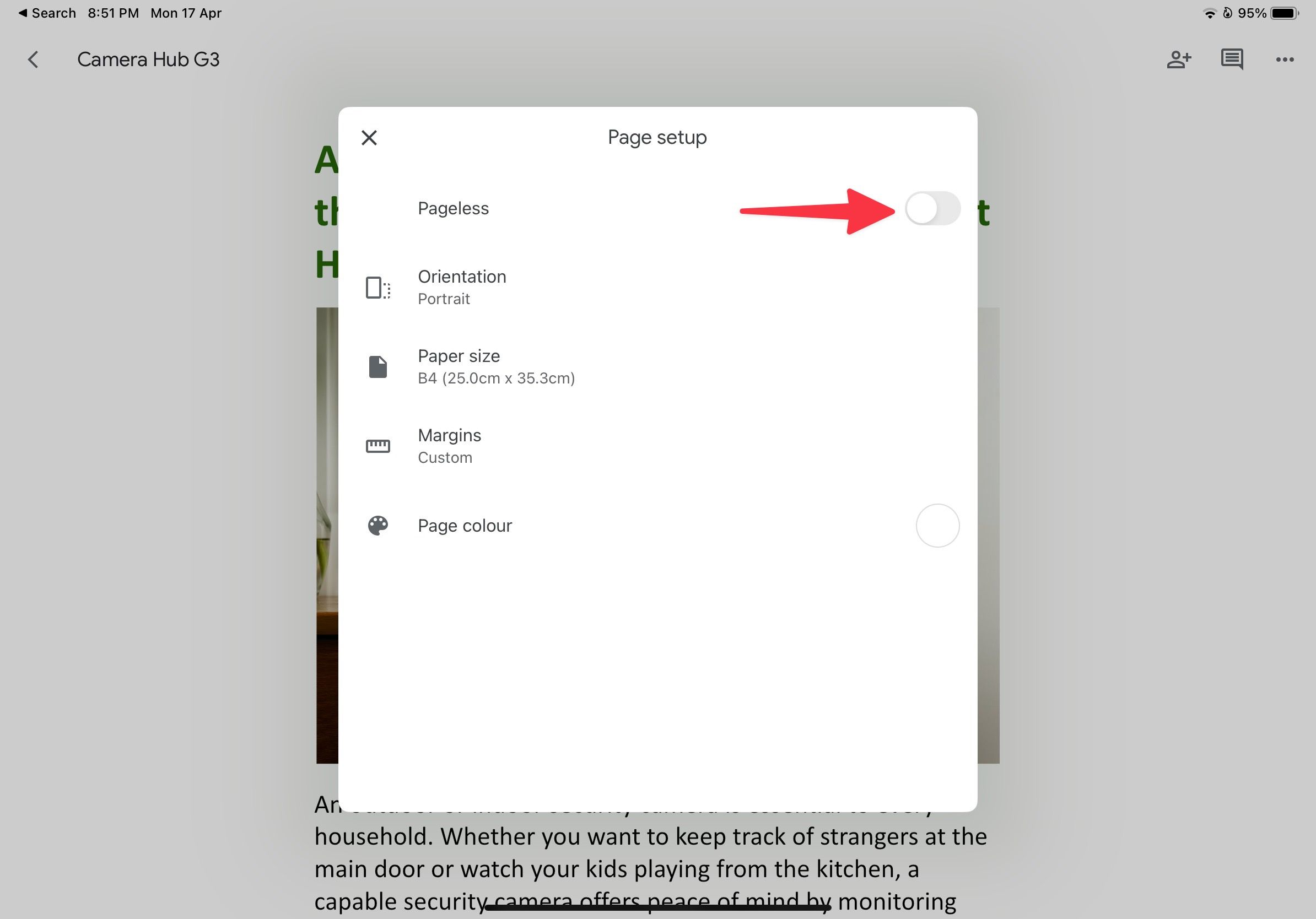 enable pageless in Google Docs iPad