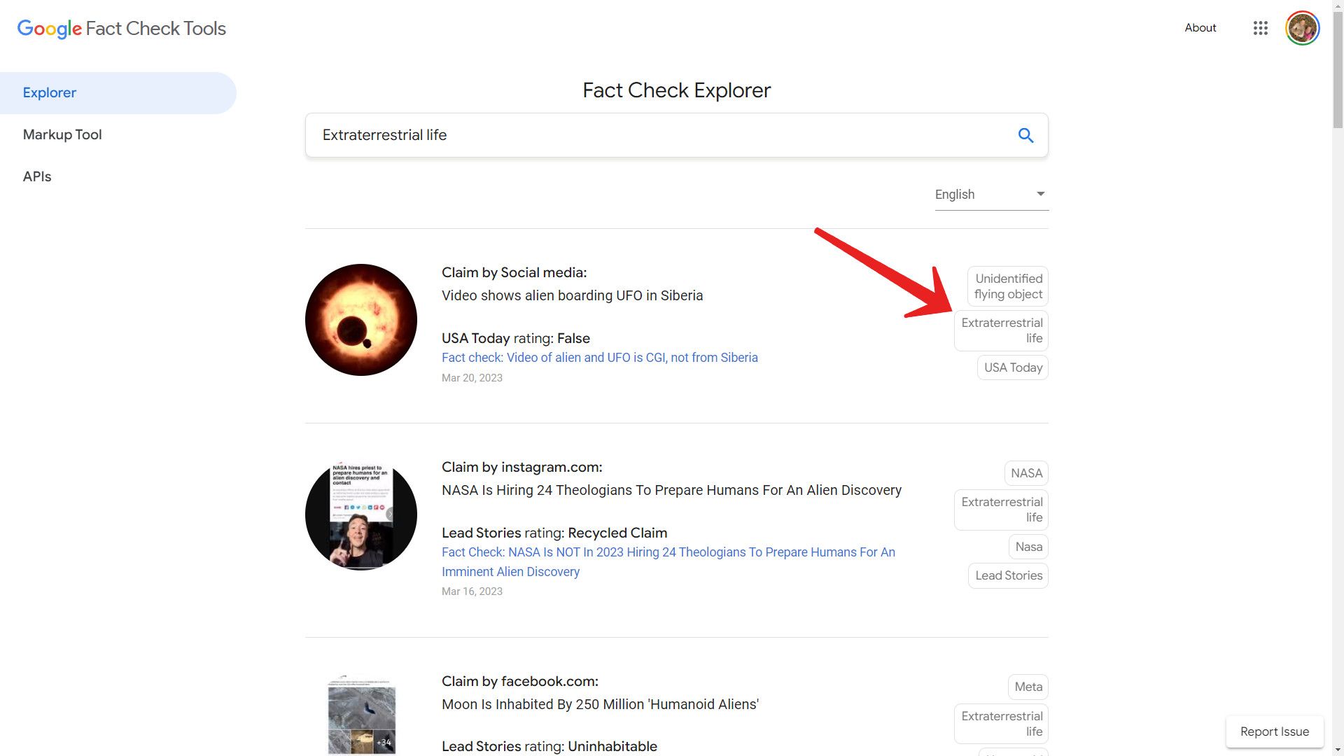 Uma captura de tela do Google Fact Check Explorer mostrando os resultados depois de clicar em um botão de tópico.