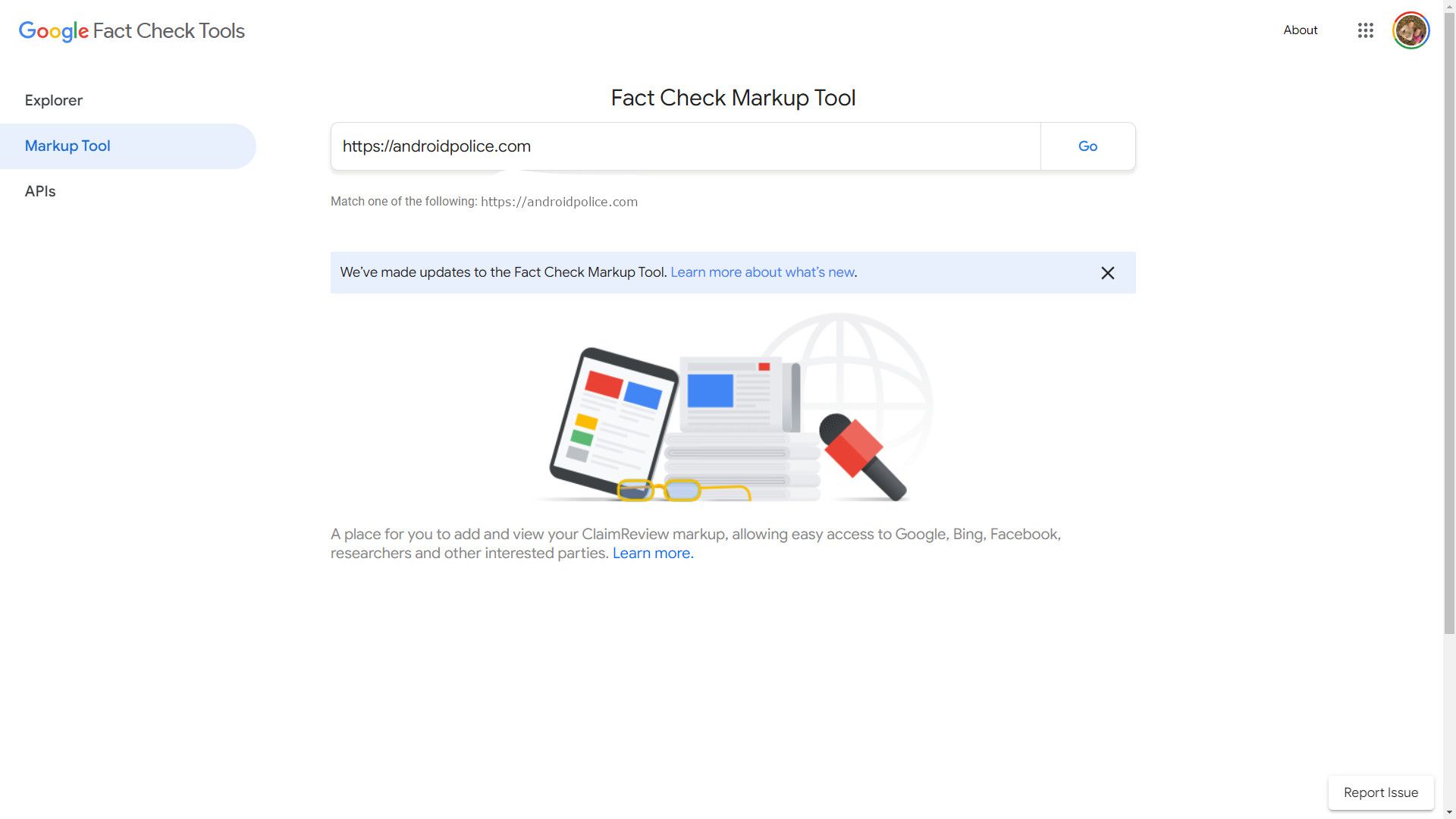 A screenshot shows Google Fact Check Markup Tool.