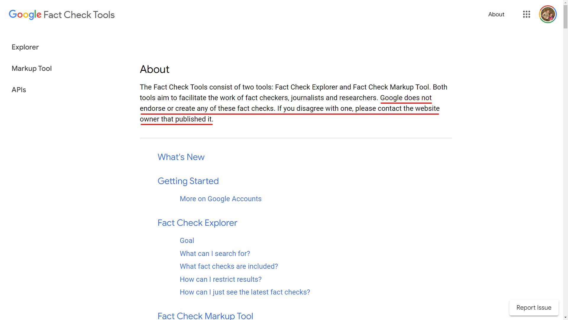 A screenshot of Google's Fact Check Explorer disclaimer underlined.