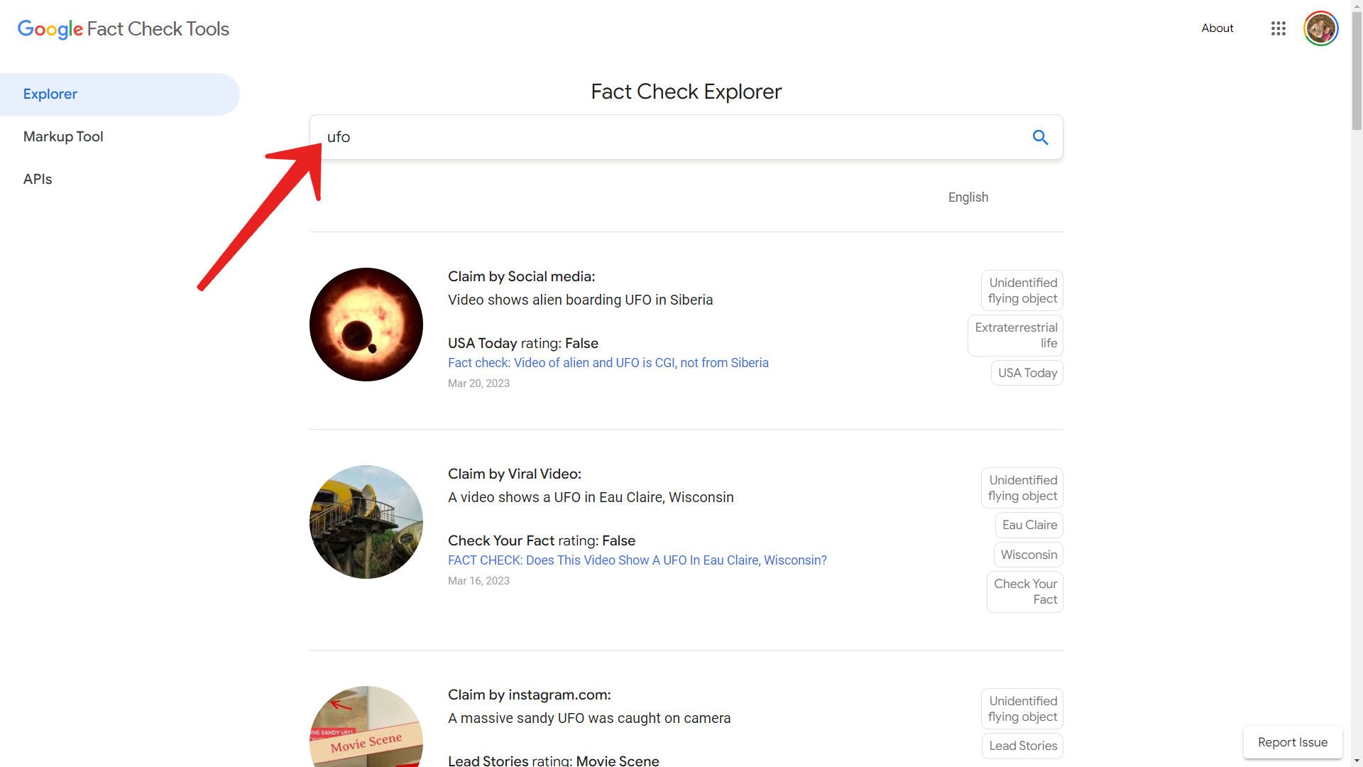 Uma captura de tela do Google Fact Check Explorer mostrando os resultados de uma pesquisa por palavra-chave.