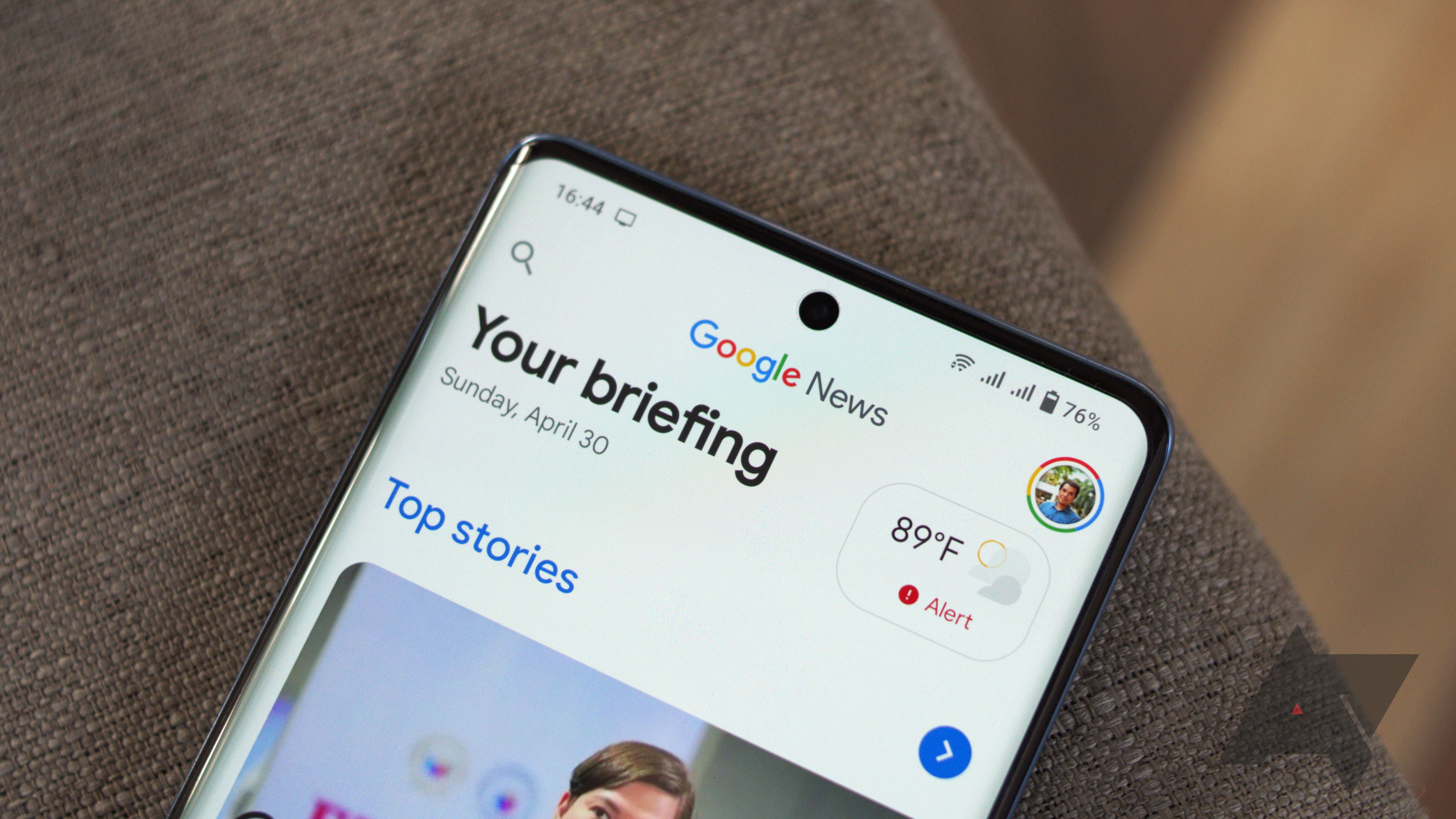 Home screen of the Google News app on a smartphone