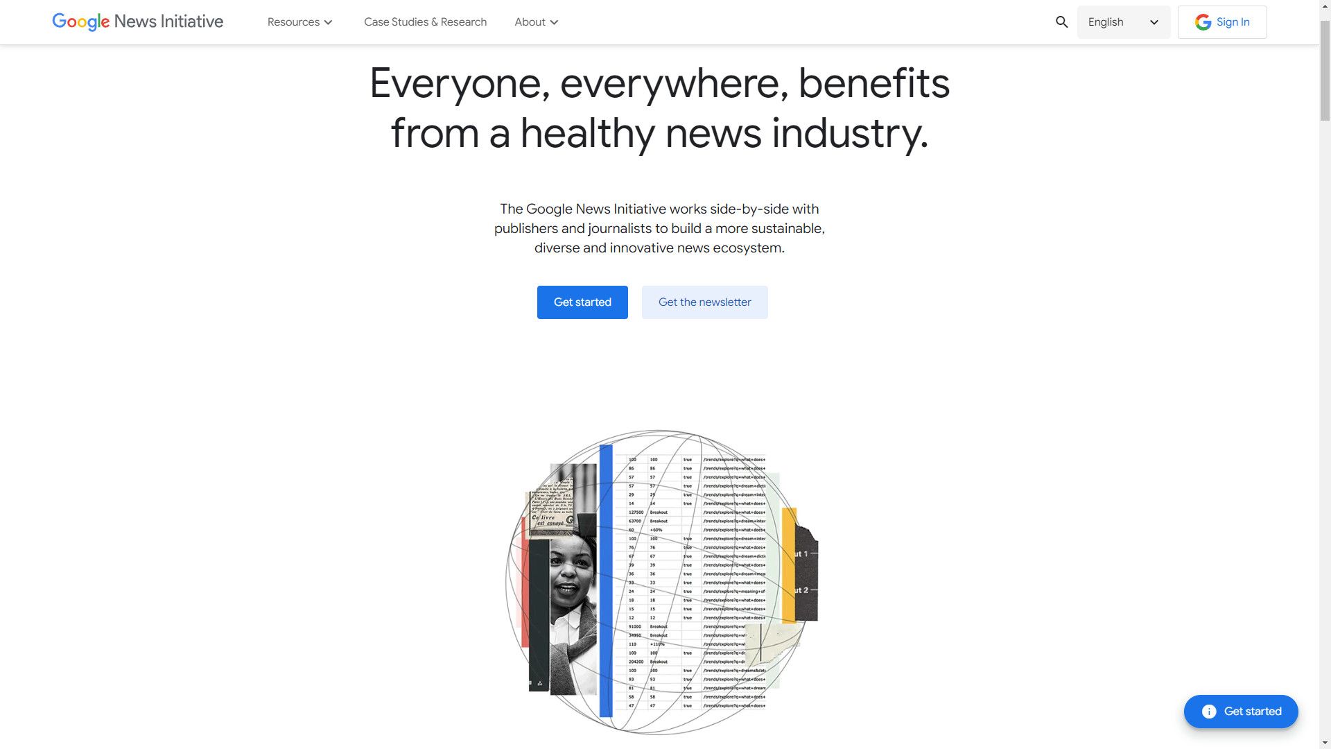 Uma captura de tela mostra o site da Google News Initiative.