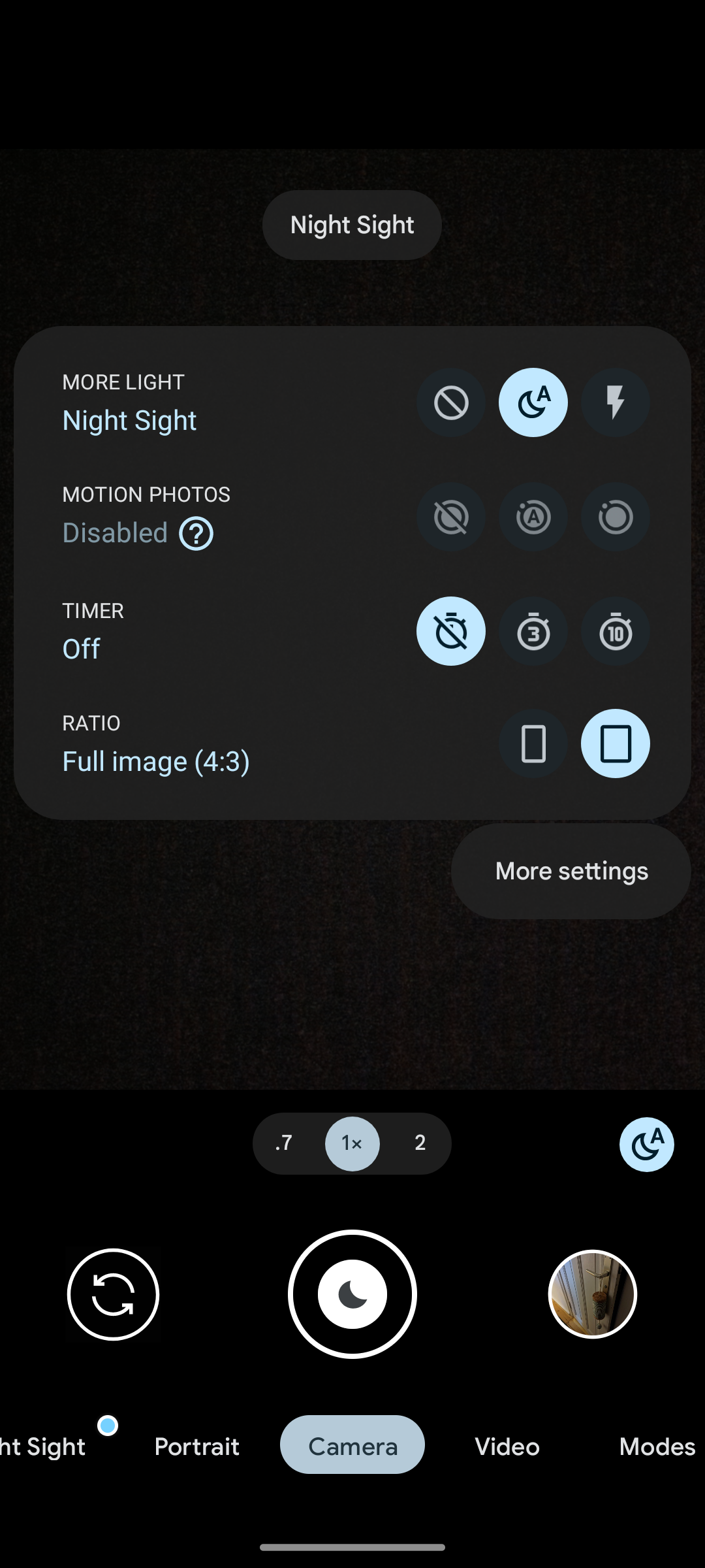 Screenshot of Pixel 6's old camera interface with quick settings revealed