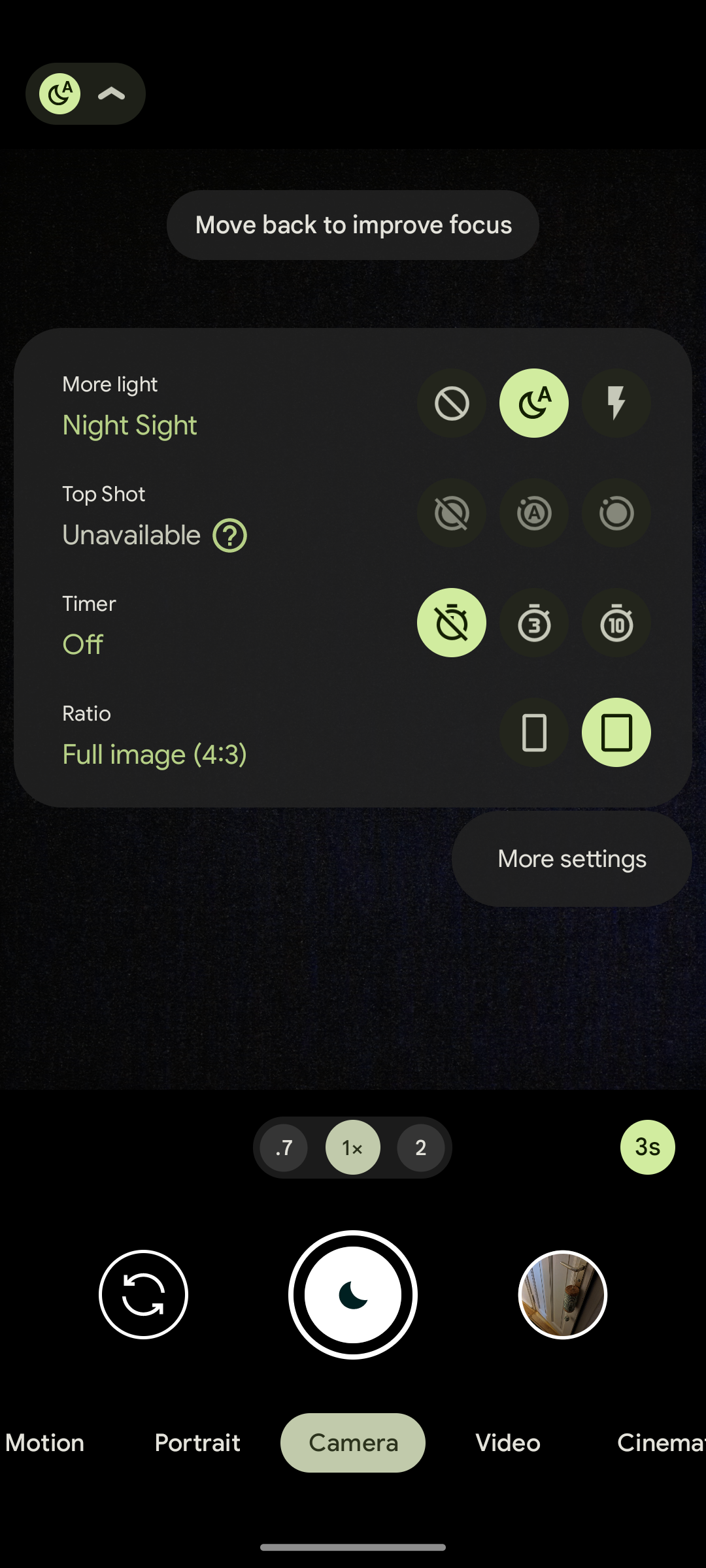 Screenshot of Pixel 6 and Pixel 7's new camera interface with quick settings revealed
