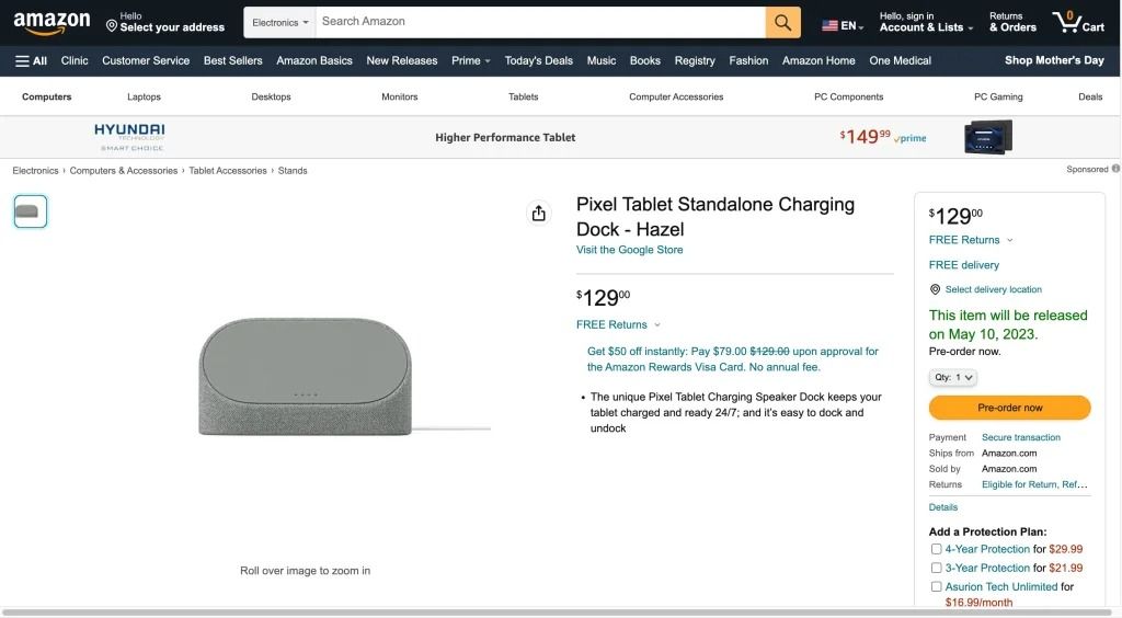 Amazon listing for the Google Pixel Tablet charging dock